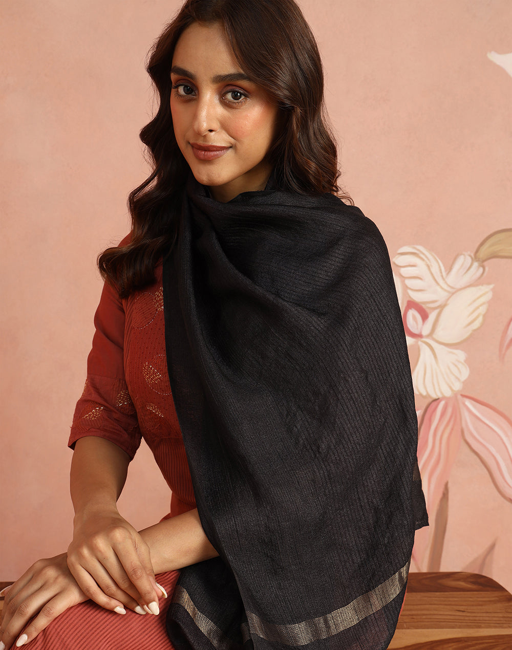 Black Silk Blend Hand Woven Stole