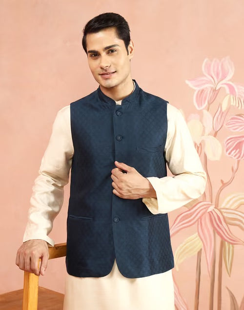 Blue Viscose Silk Nehru Jacket for Men from Fabindia UK