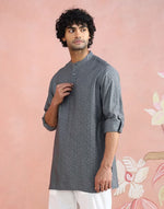 Grey Block Print Short Kurta with Chinese collar