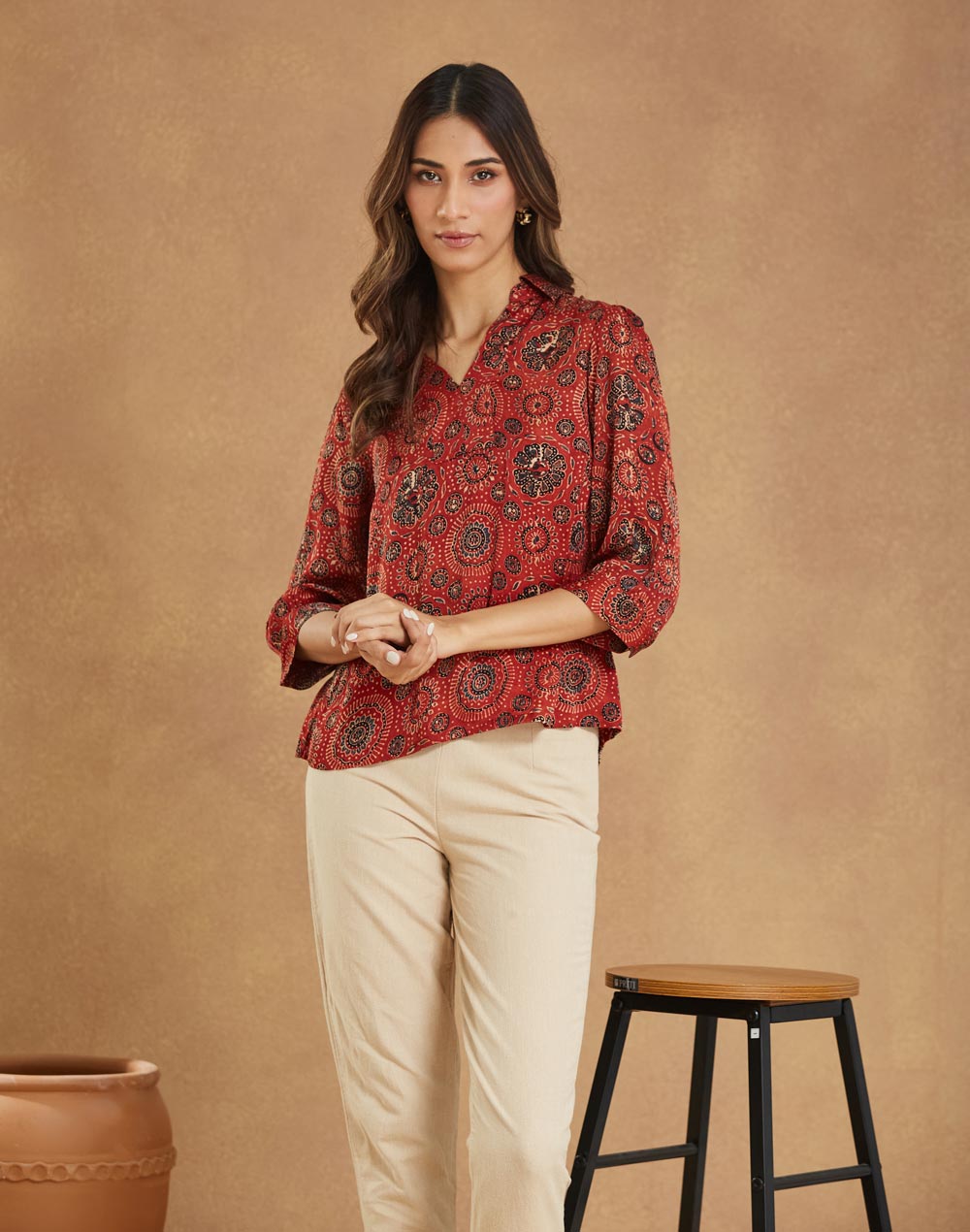 Red Rayon Blend Ajrakh Printed Helen Top
