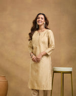 Beige Cotton Silk Embroidered Long Kurta