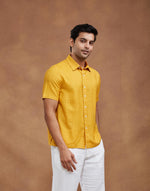 Yellow Viscose Silk Hand Block Printed Bush Shirt