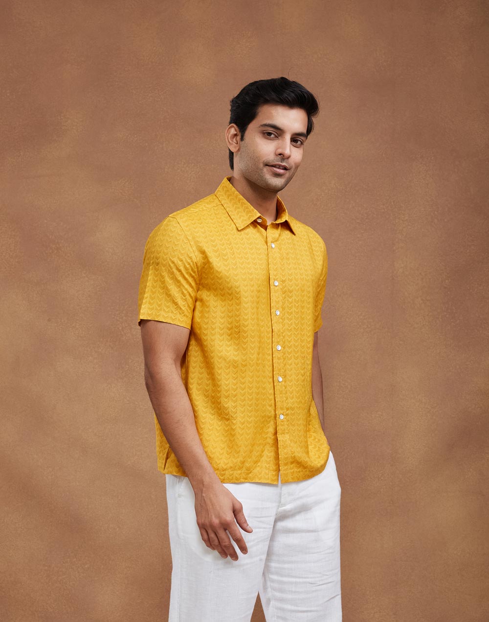 Yellow Viscose Silk Hand Block Printed Bush Shirt