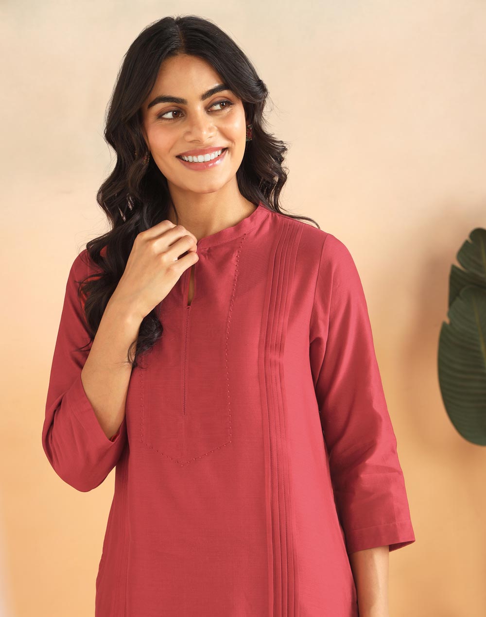Red Cotton Silk Pintuck Slim Fit Long Kurta