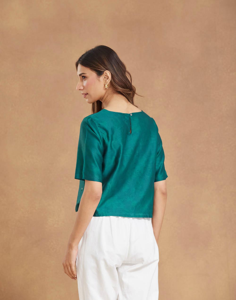 Green Cotton Silk Embroidered Short Top