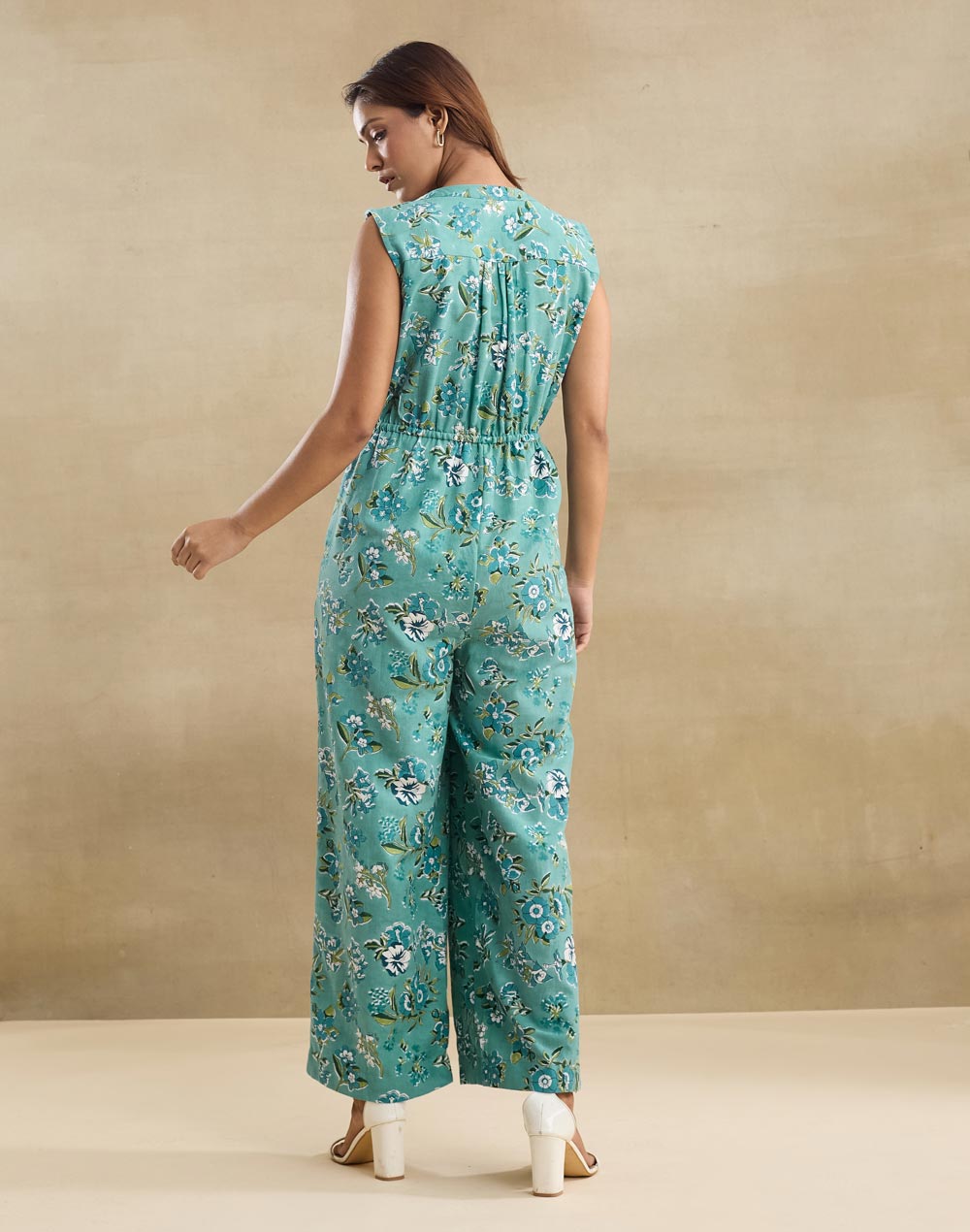 Green Cotton Linen Hand Block Printed Seraphina Wrap Jumpsuit