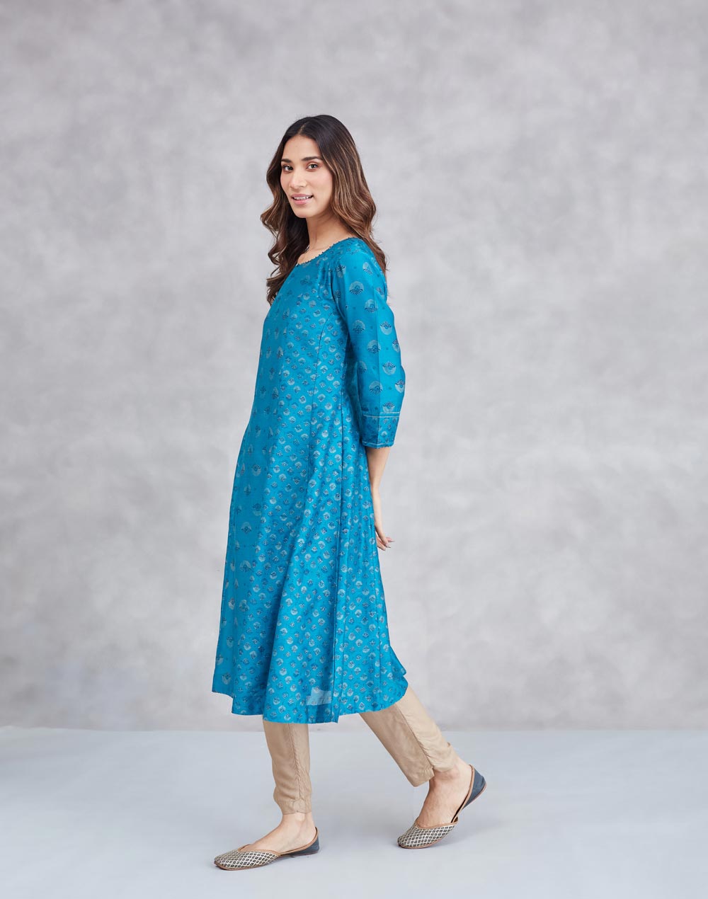 Teal Cotton Silk Hand Block Print Slim Fit Long Kurta