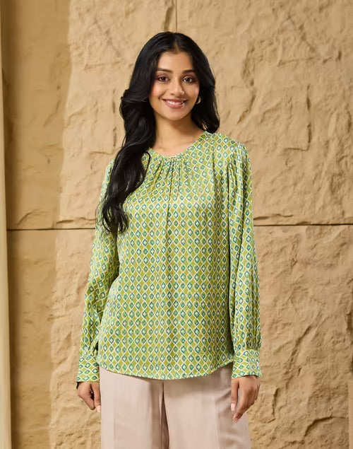 Block print detail on the Green Block Print Geometric Top