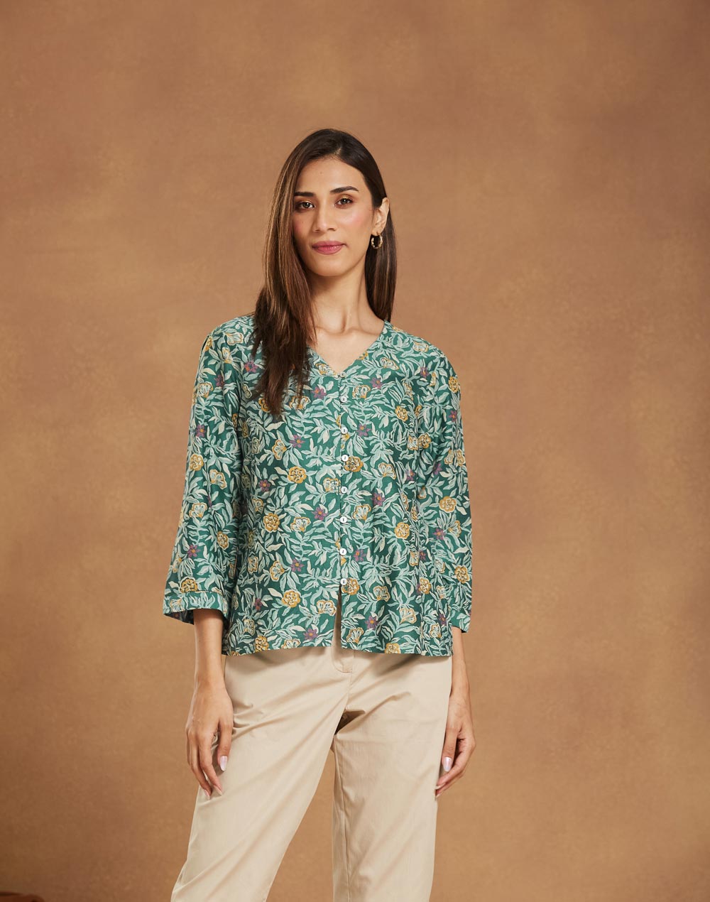 Green Cotton Silk Printed Slim Fit Top