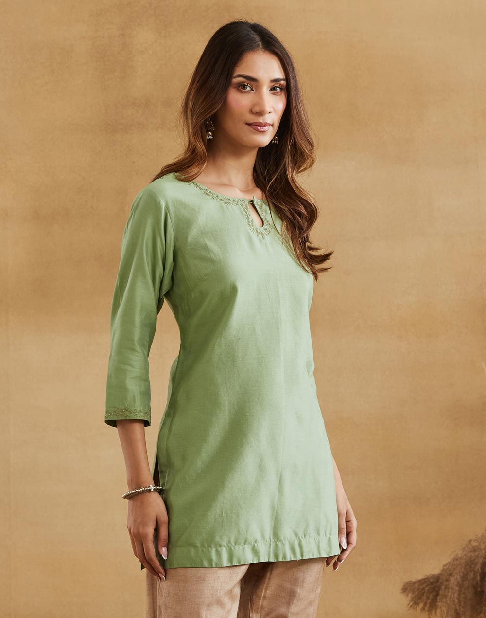 Green Cotton Silk Short Kurta