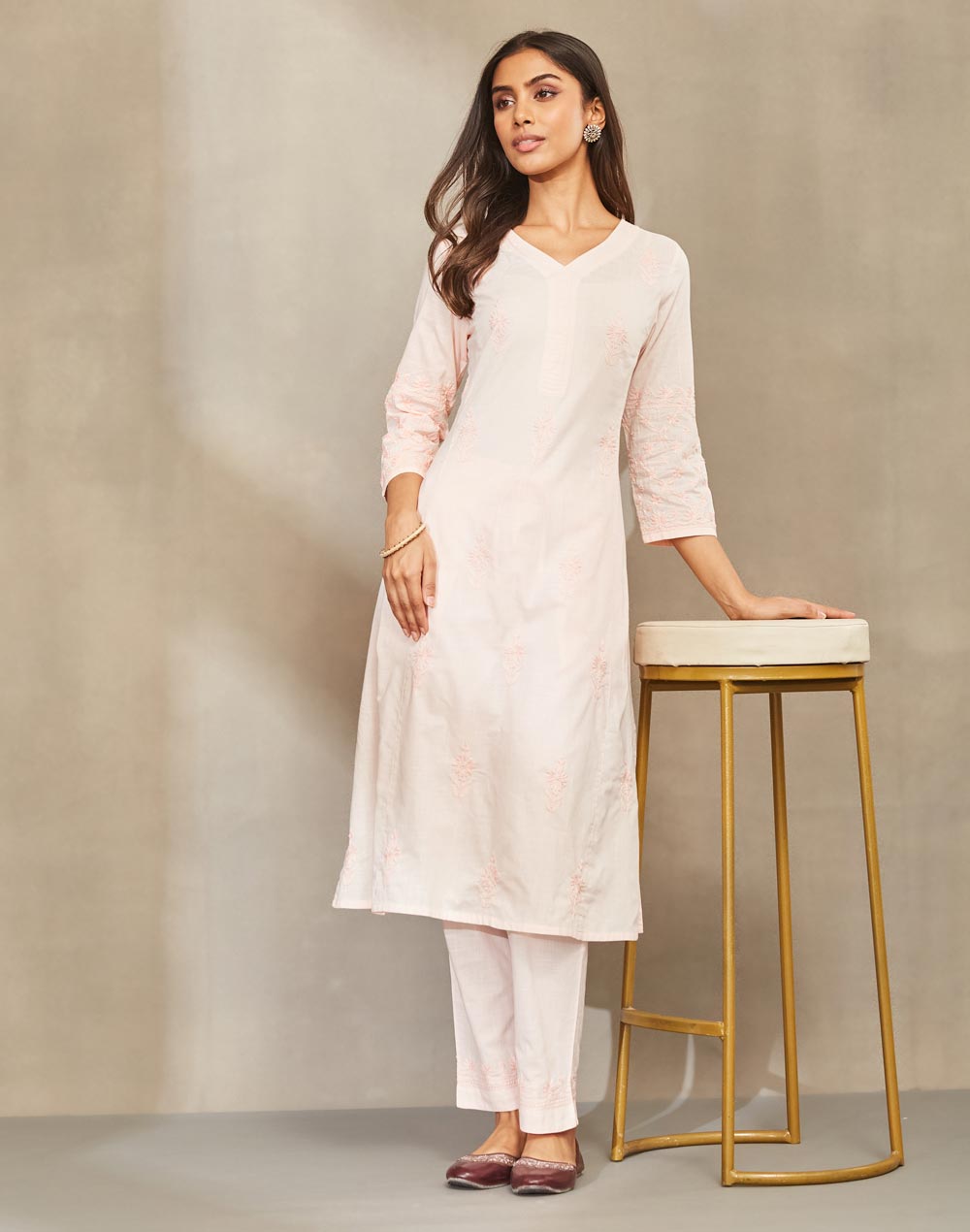 Orange Cotton Chikankari Pant & Kurta Set