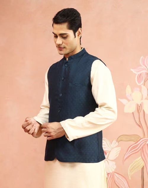 Sleeveless Blue Nehru Jacket with Chinese collar