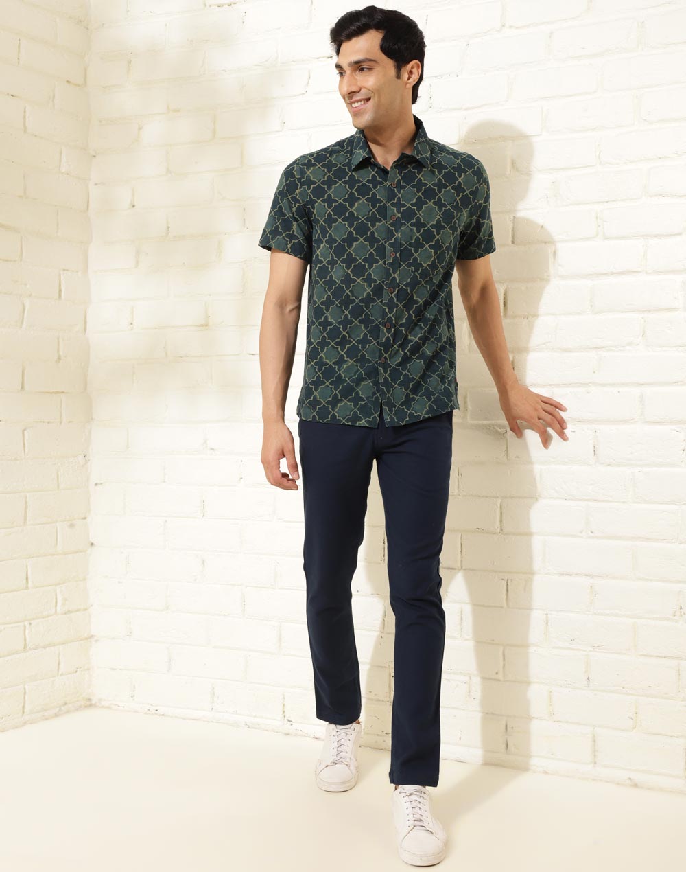 Green Cotton Dabu Printed Bush Shirt