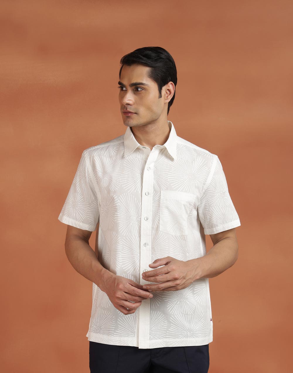White Cotton Hand Block Printed Bush Shirt