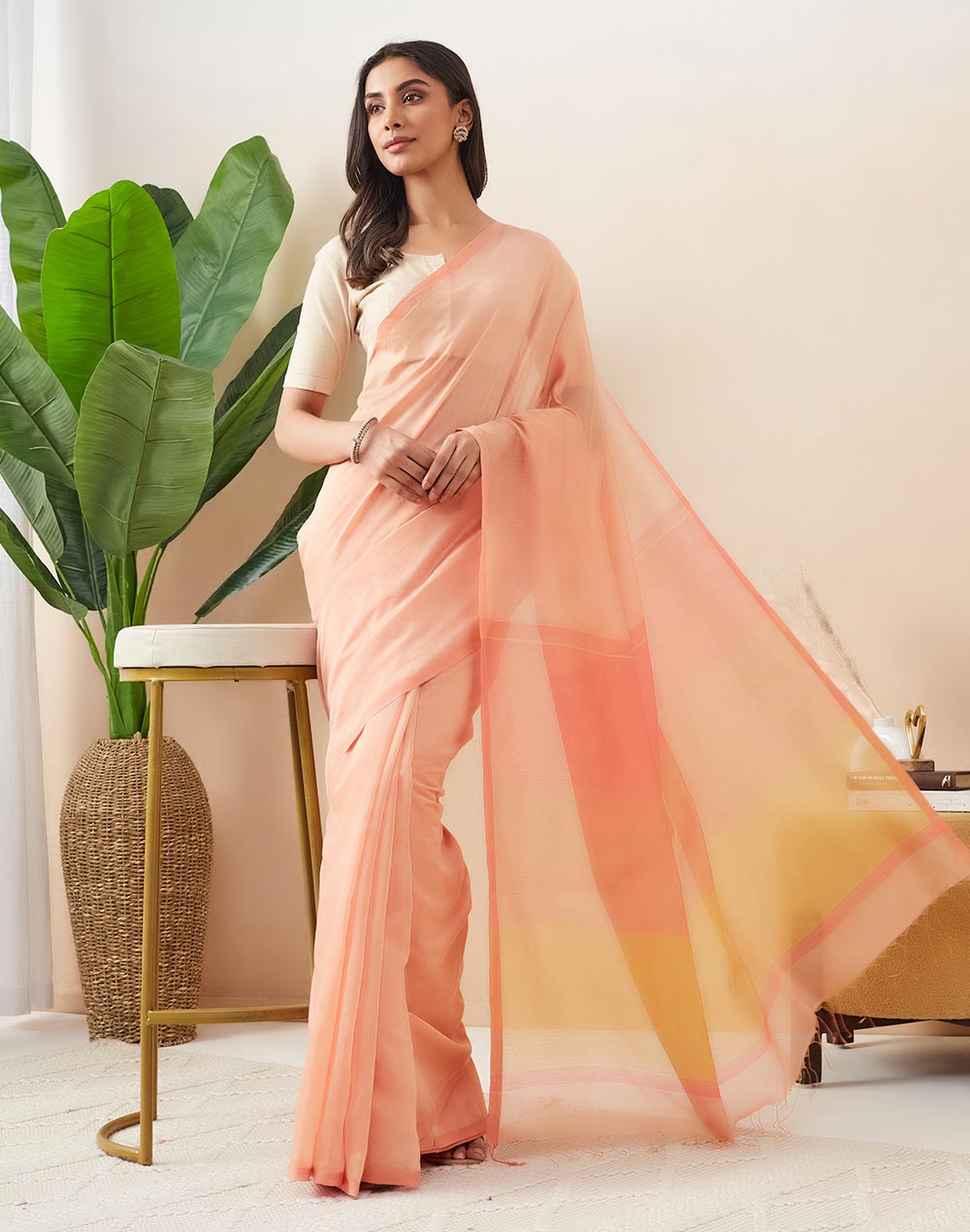 Orange Viscose Silk Hand Woven Wonders Sari