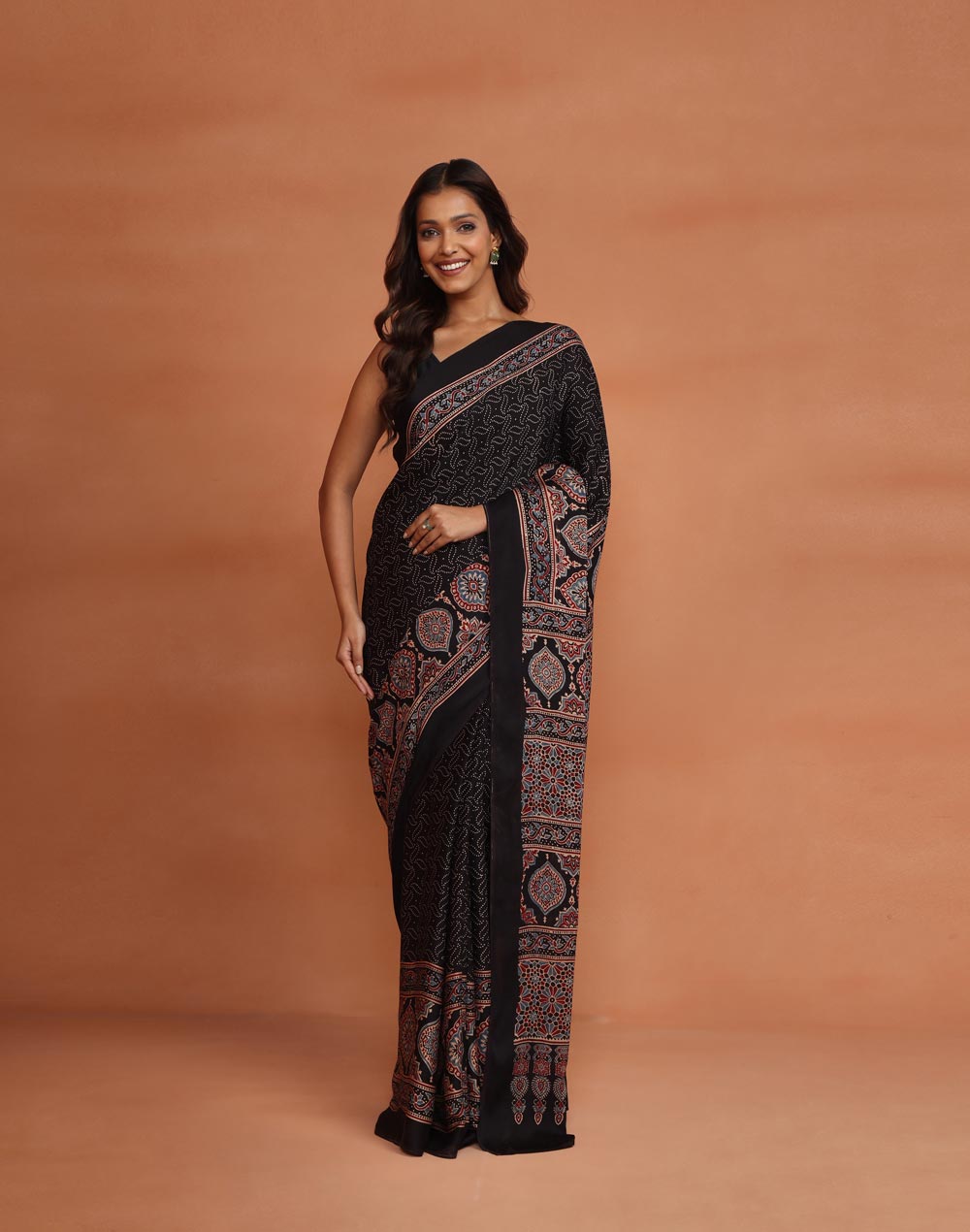 Black Viscose Blend Ajrakh Printed Sari