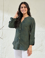 Green Rayon Blend Dabu Striped Shirt