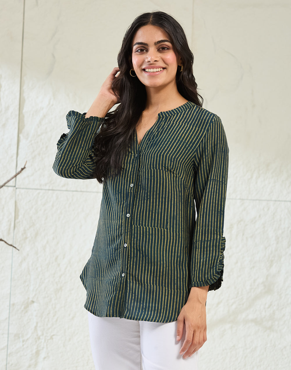 Green Rayon Blend Dabu Striped Shirt