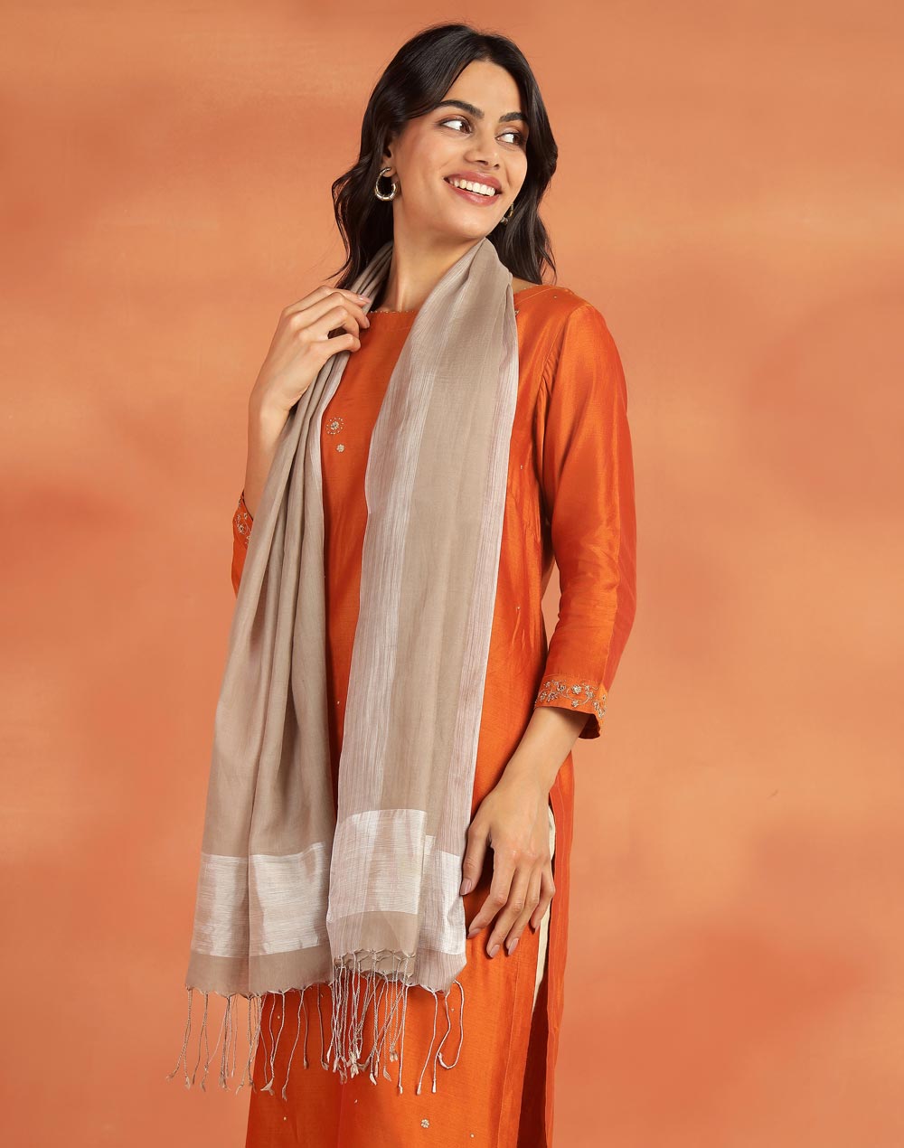 Beige Cotton Silk Blend Hand Woven Stole