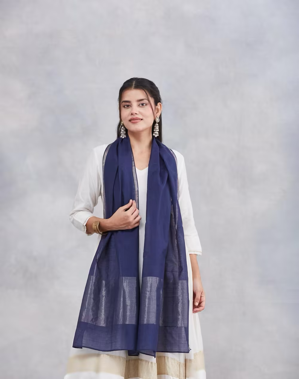 Navy Cotton Silk Blend Hand Woven Stole
