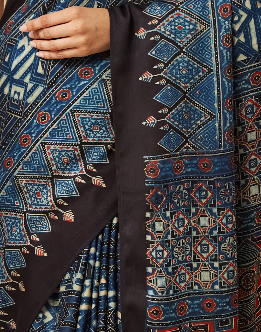 Indigo Viscose Blend Ajrakh Printed Sari
