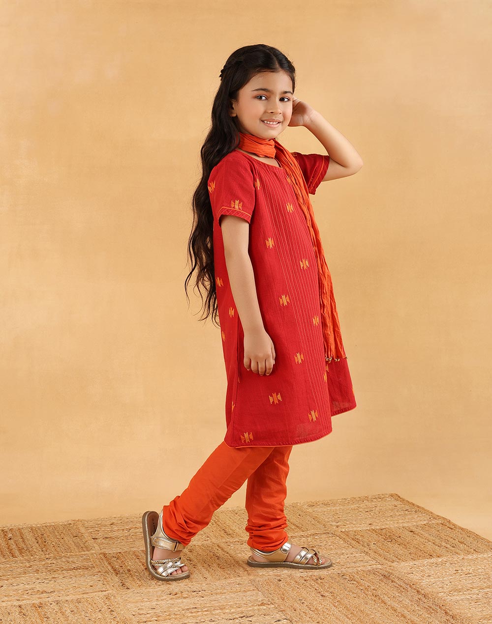 Red Cotton Dobby 3pc Churidar Set