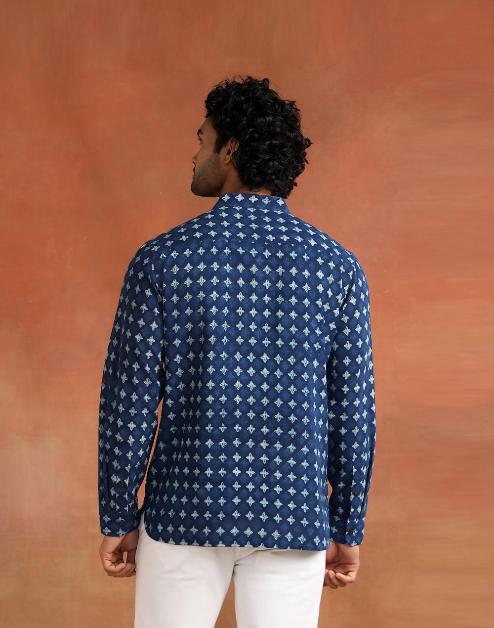 Indigo Cotton Dabu Printed Slim Fit Mid Placket Shirt