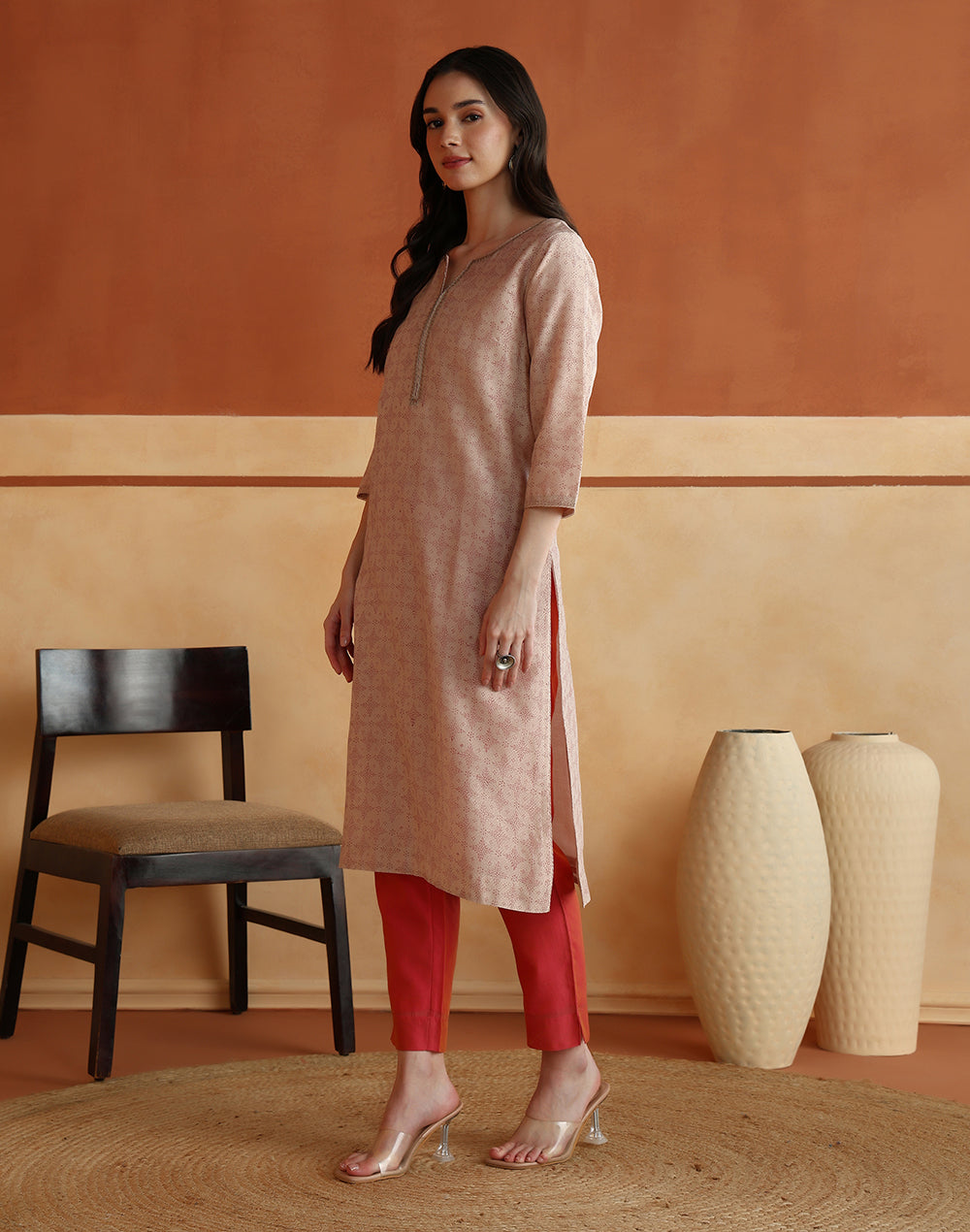 Pink Block Print Long Kurta with three-quarter sleeves