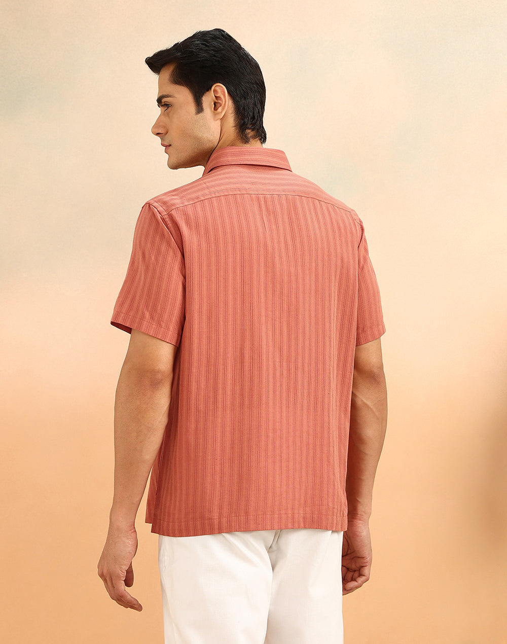 Orange Cotton Blend Striped Bush Shirt