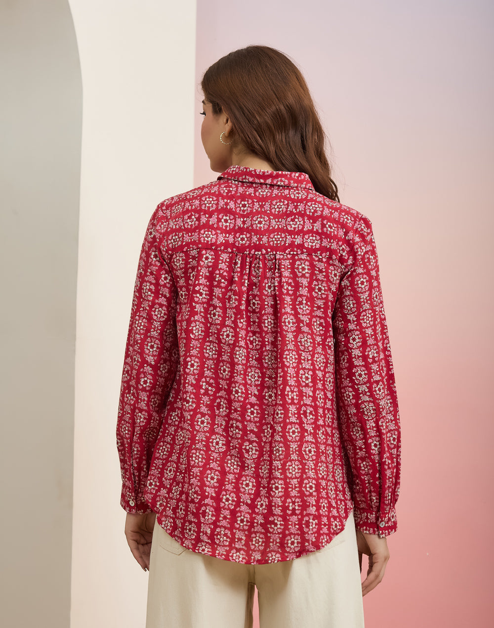 Texture and finish of the Red Block Print Geometric Shirt by Fabindia UK