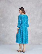 Teal Cotton Silk Hand Block Print Slim Fit Long Kurta