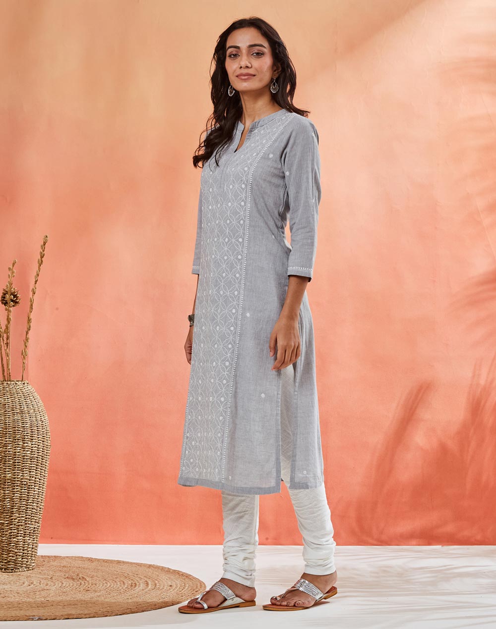 Grey Cotton Chikankari Long Kurta