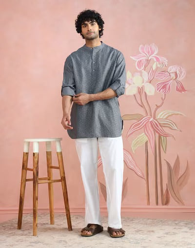 Grey Block Print Short Kurta styled for festive occasions