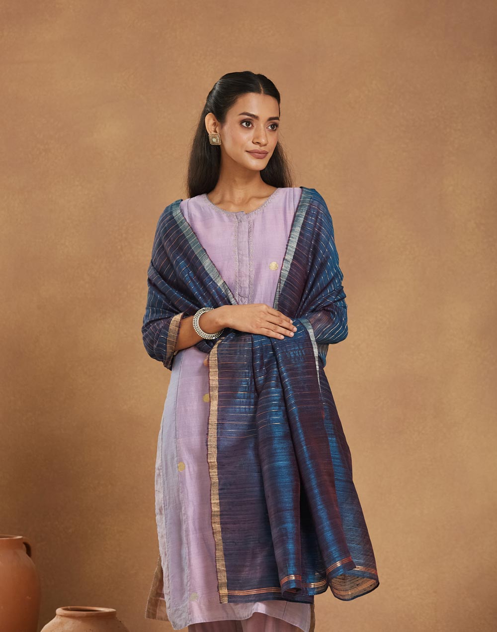 Blue Silk Blend Hand Woven Dupatta