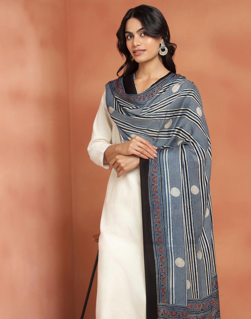 Blue Viscose Blend Ajrakh Printed Dupatta