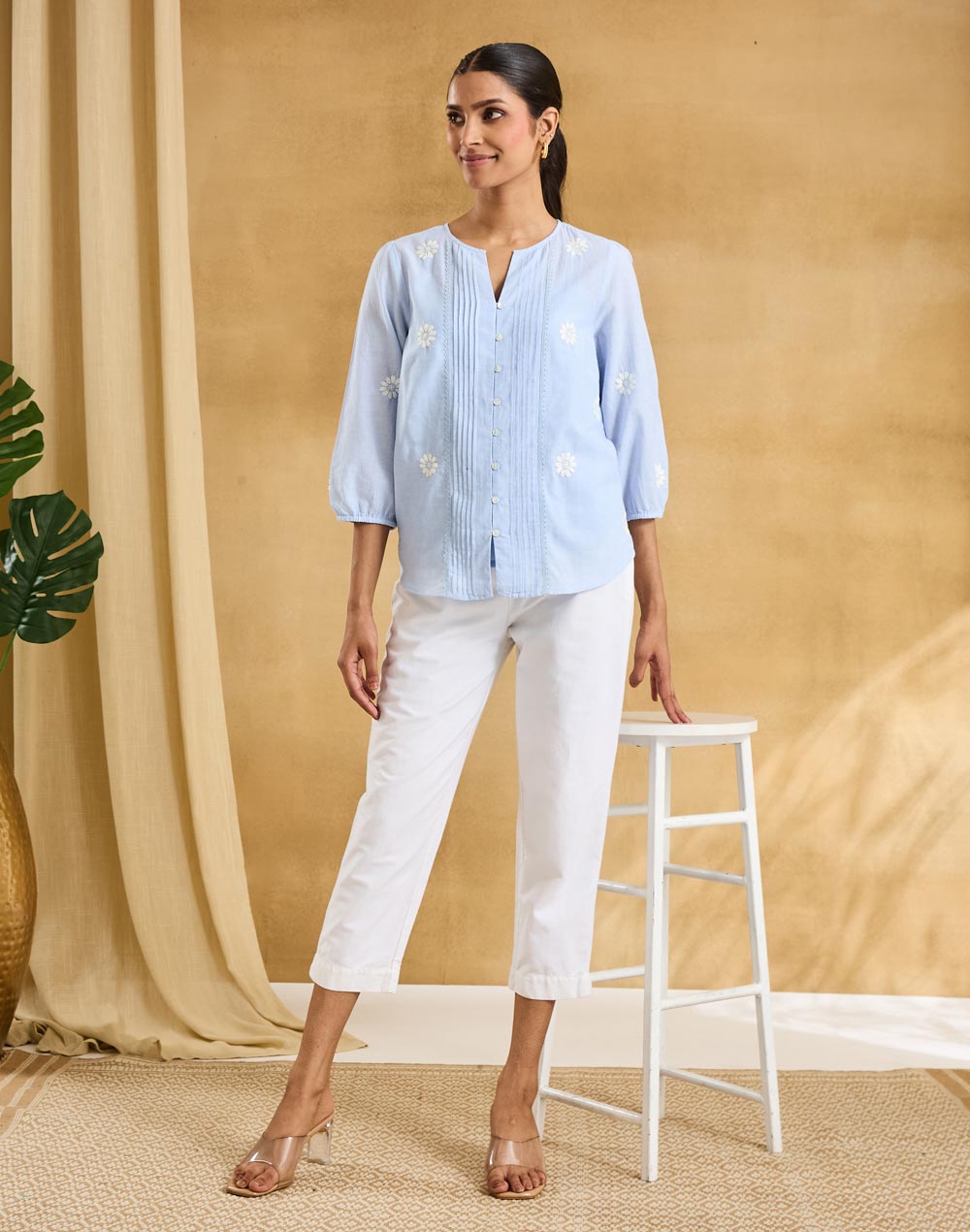 Light Blue Cotton Pleated Top & Slip