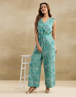 Green Cotton Linen Hand Block Printed Seraphina Wrap Jumpsuit