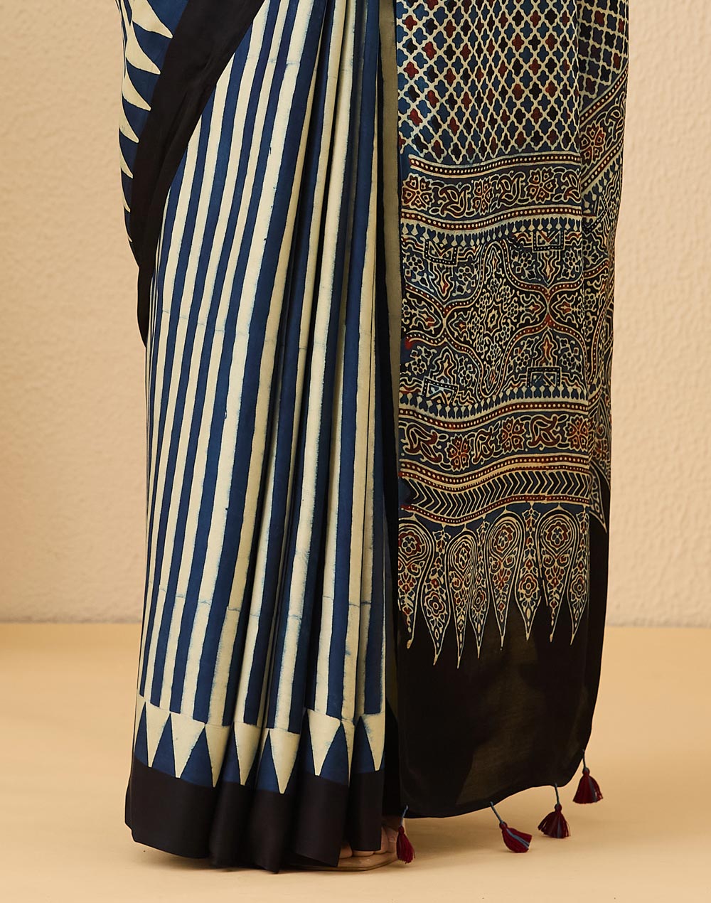 Indigo Viscose Blend Ajrakh Printed Sari