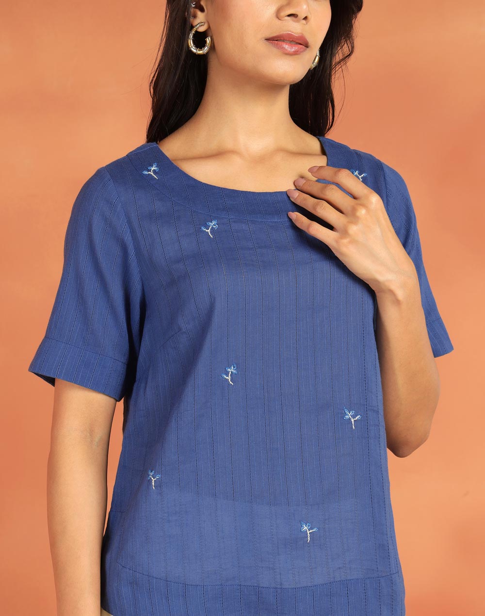 Indigo Cotton Hand Embroidered Arcadian Top