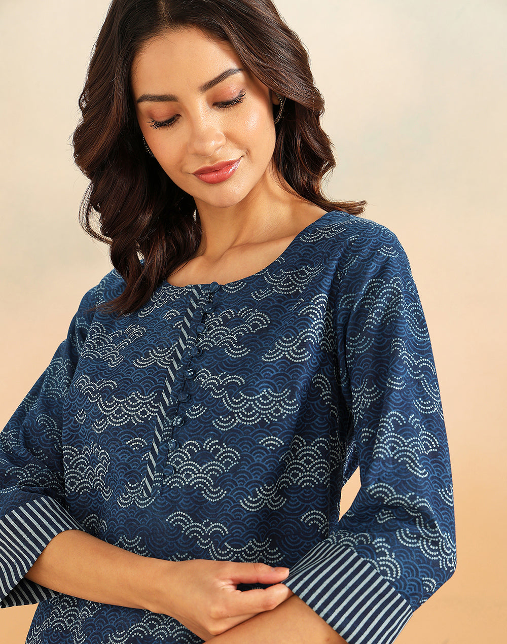 Indigo Cotton Printed Abstract Knee Length Kurta