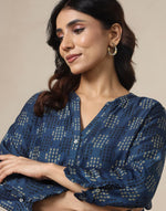 Blue Rayon Block Print Geometric Shirt for Women with a hand block geometric print