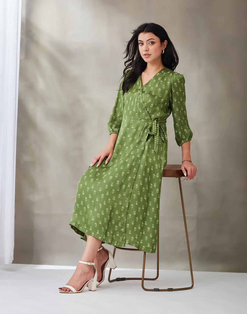 Green Rayon Blend Hand Block Printed Camelia Wrap Midi Dress