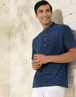 Blue Cotton Dabu Printed Mid Placket Shirt