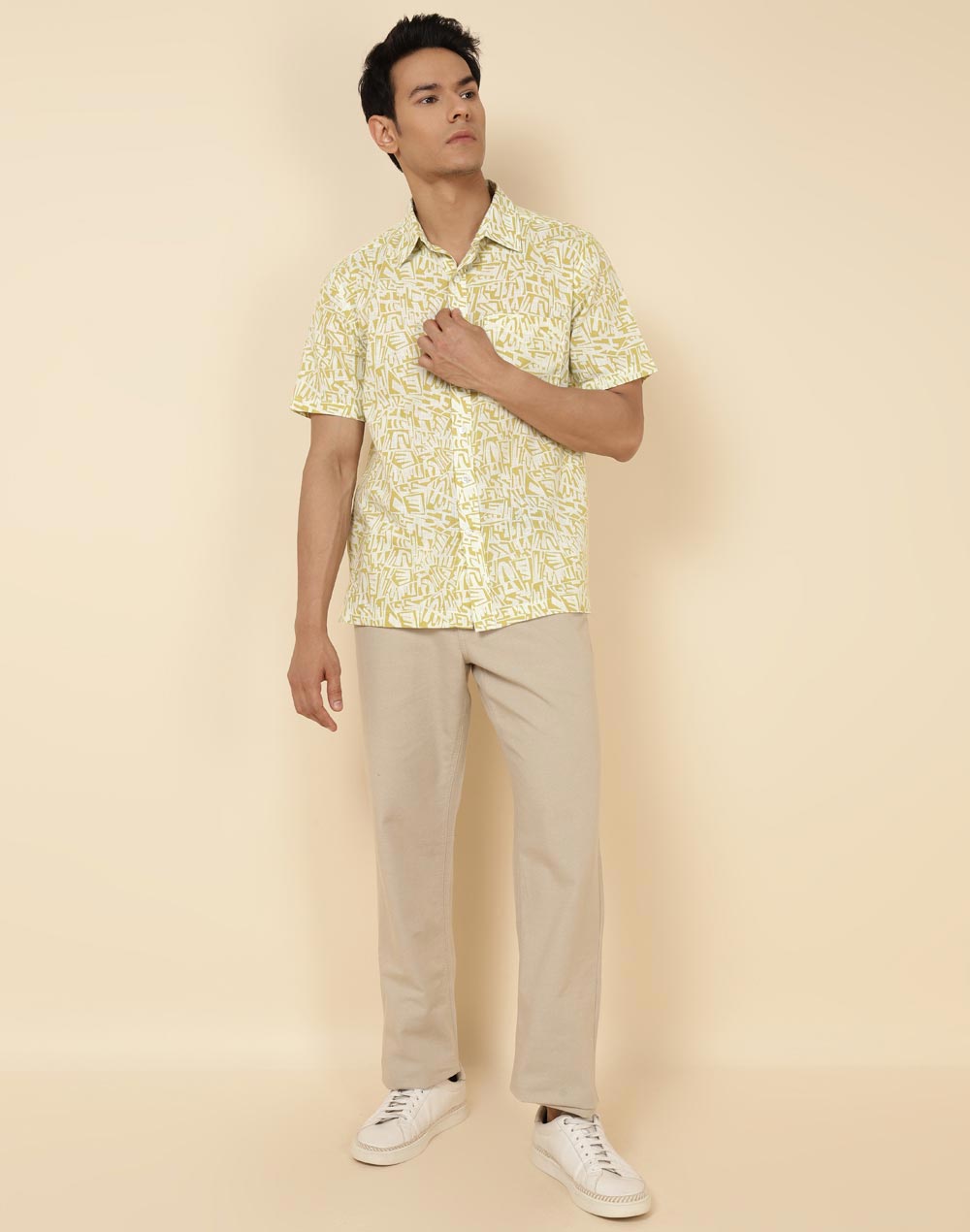 Beige Cotton Hand Block Printed Bush Shirt