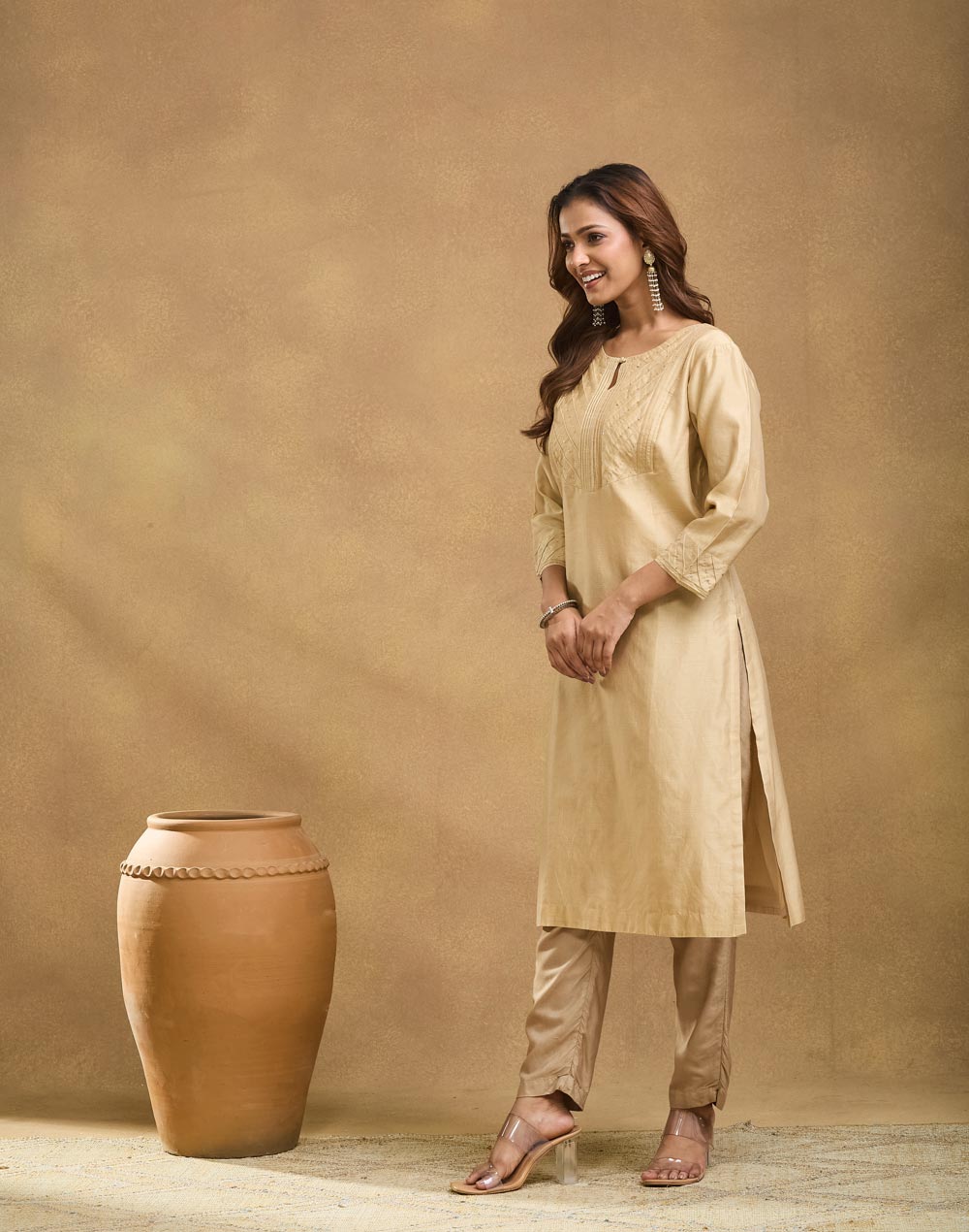 Beige Cotton Silk Embroidered Long Kurta