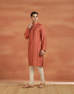 Orange Viscose Silk Zari Stripe Slim Fit Long Kurta