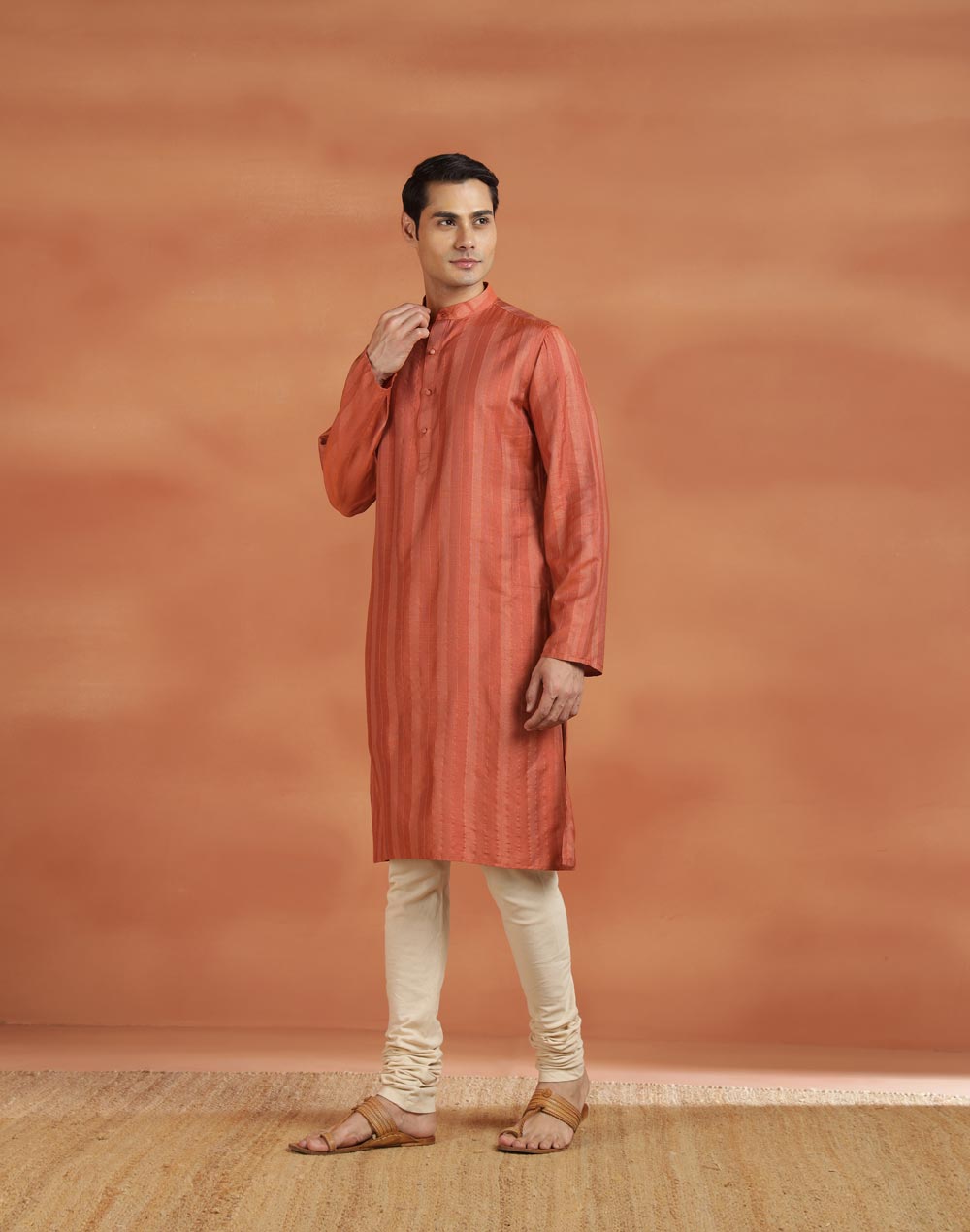 Orange Viscose Silk Zari Stripe Slim Fit Long Kurta