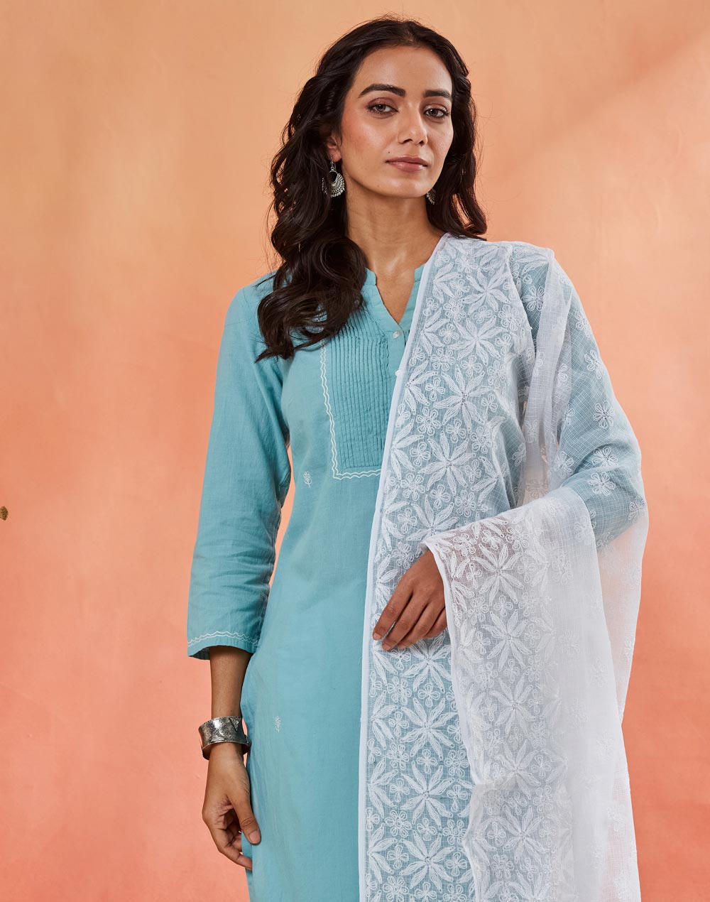 White Cotton Silk Blend Chikankari Dupatta