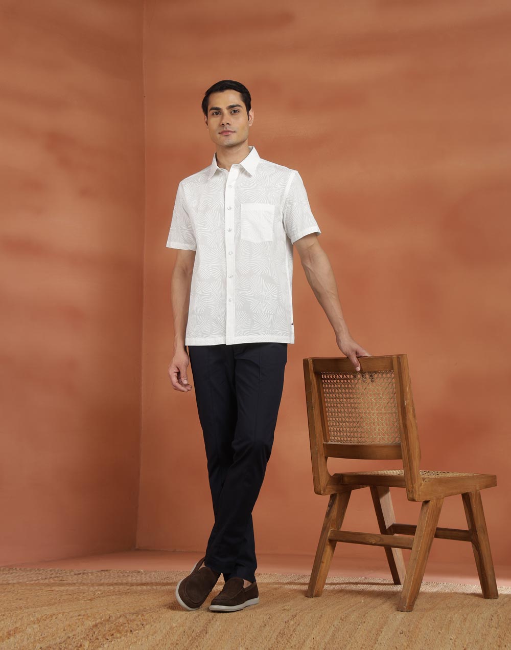 White Cotton Hand Block Printed Bush Shirt