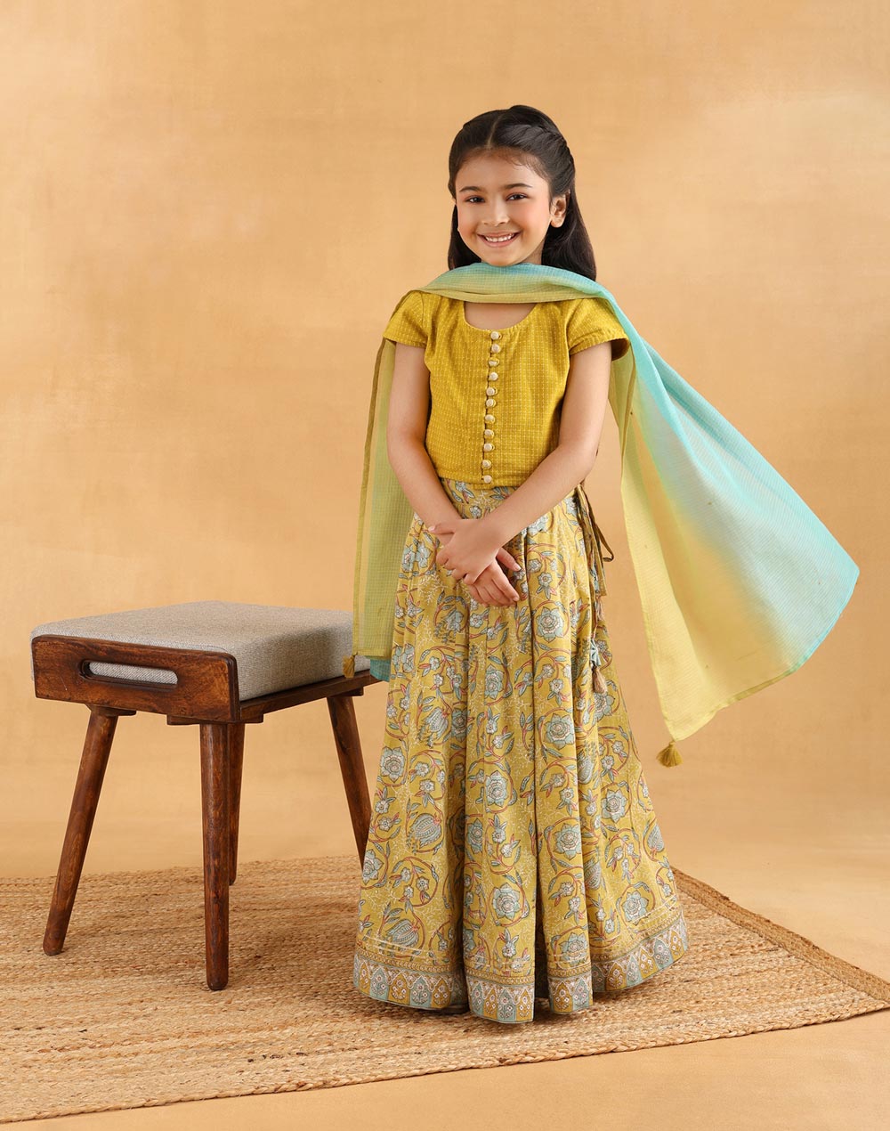 Yellow Cotton Hand Block Printed 3pc Lehenga Set